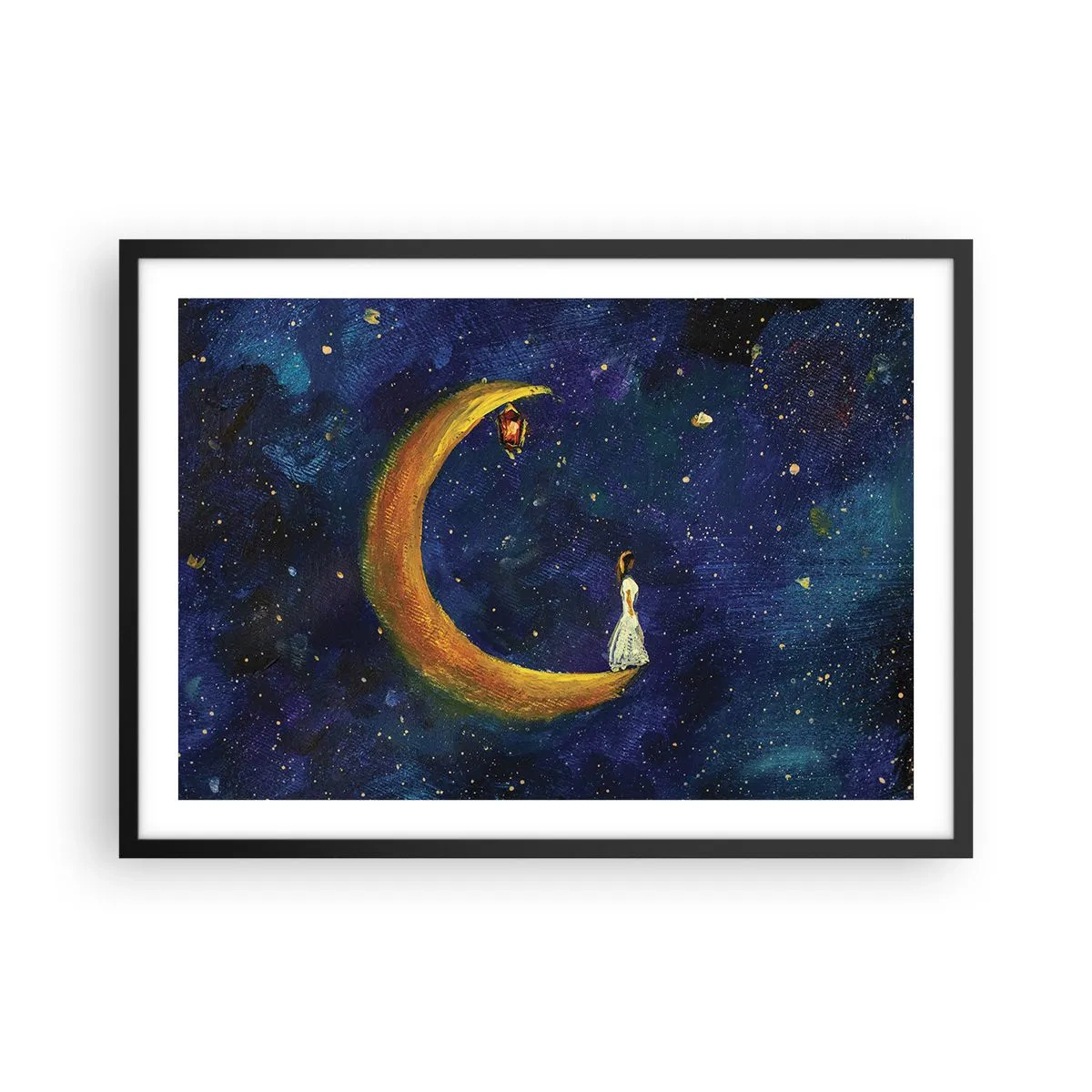 Affiche dans un cadre noir - Poster - Une fille debout sur la lune dans un ciel étoilé - 70x50cm - Appel du monde - Décoration murale moderne pour le salon et la chambre ARTTOR