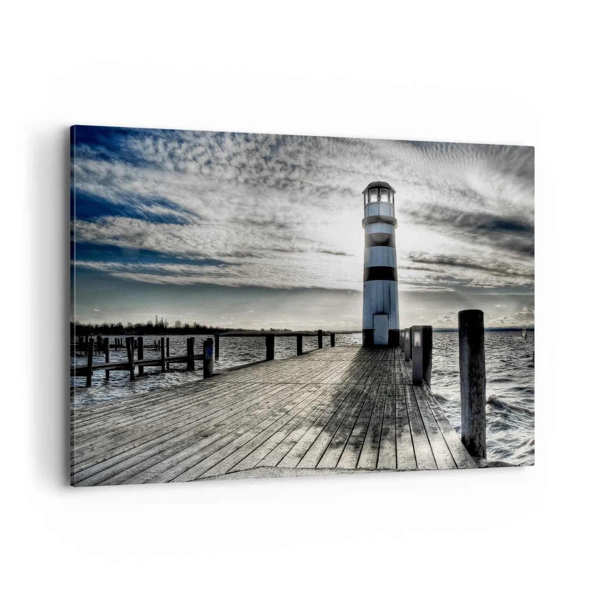 Impression sur toile - Image sur toile - Phare sur une jetée en bois surplombant la mer. - 120x80cm - Marins, je vous attend - Décoration murale moderne pour le salon et la chambre ARTTOR