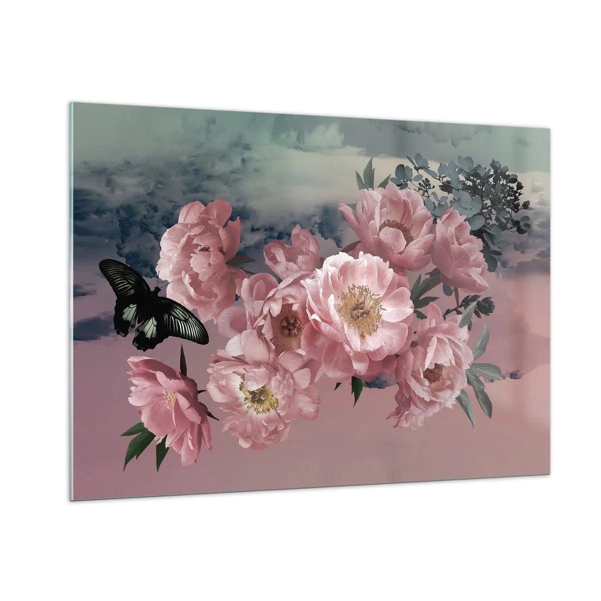 Impression sur verre - Image sur verre - Pivoines roses avec un papillon contre le ciel - 100x70cm - Pic du romantisme - Décoration murale moderne pour le salon et la chambre ARTTOR
