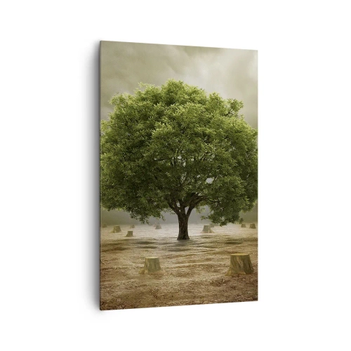 Impression sur toile - Image sur toile - Un arbre vert entouré de troncs d'arbres abattus contre un ciel nuageux - 80x120cm - Tout l'espoir - Décoration murale moderne pour le salon et la chambre ARTTOR