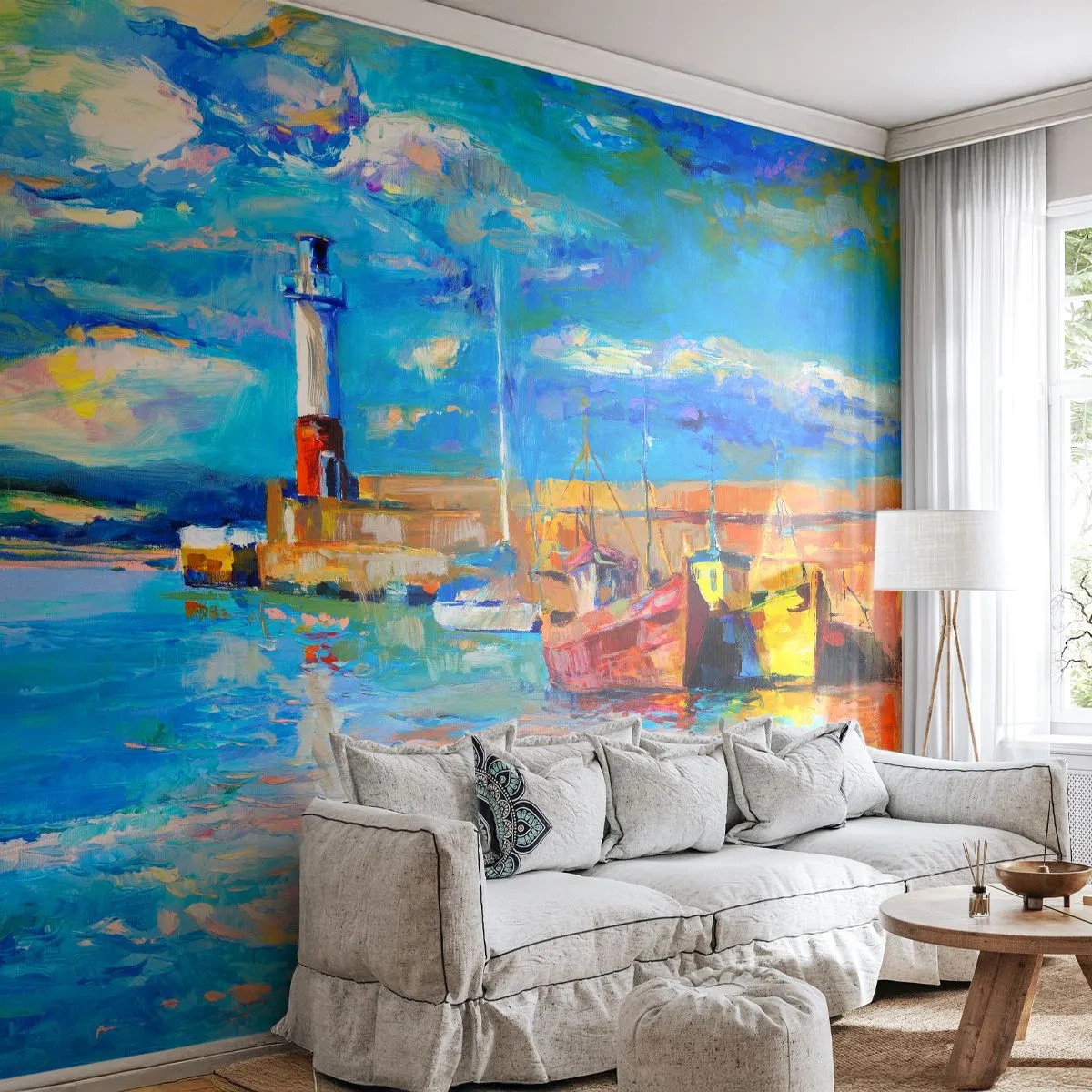 Papier Peint Autocollant Deluxe Sticker - Un après-midi dans la baie arc-en-ciel - Port des Pêcheurs, Bateau de pêche, Phare - 450x315 cm