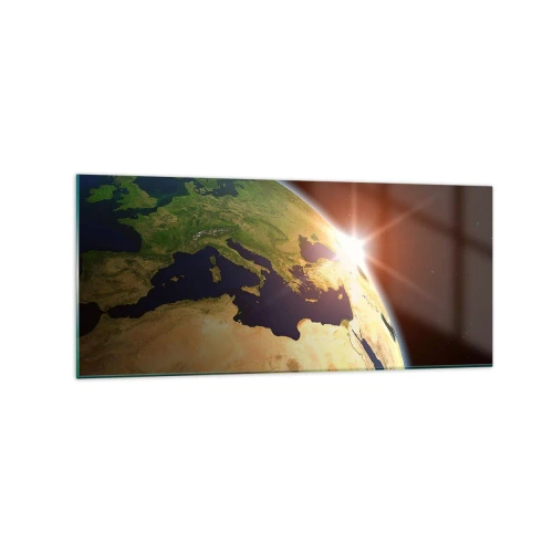 Impression sur verre - Image sur verre - Vue de la Terre depuis l'espace avec les rayons du soleil à l'horizon - 120x50cm - Lever de soleil - Décoration murale moderne pour le salon et la chambre ARTTOR