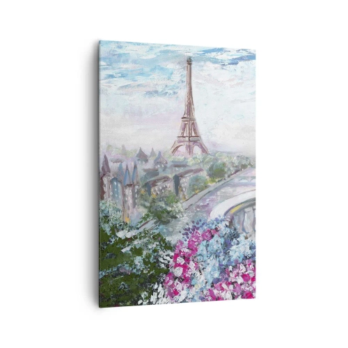 Impression sur toile - Image sur toile - Une vue romantique de Paris avec la Tour Eiffel et un balcon rempli de fleurs - 80x120cm - C'est le plus beau ici en mai - Décoration murale moderne pour le salon et la chambre ARTTOR