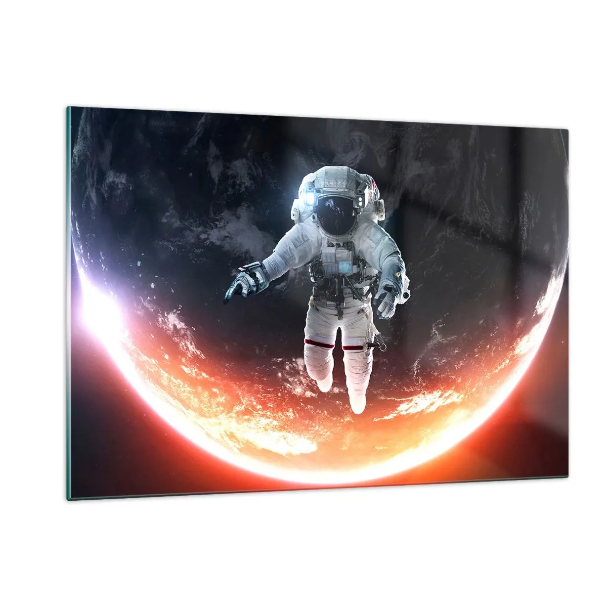 Impression sur verre - Image sur verre - Astronaute dans l'espace avec une planète en arrière-plan - 120x80cm - Puis-je rester un peu plus longtemps ? - Décoration murale moderne pour le salon et la chambre ARTTOR