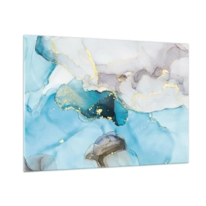 Impression sur verre - Image sur verre - Vagues turquoise et grises avec des accents dorés - 100x70cm - Etude de la rencontre gris et turquoise - Décoration murale moderne pour le salon et la chambre ARTTOR