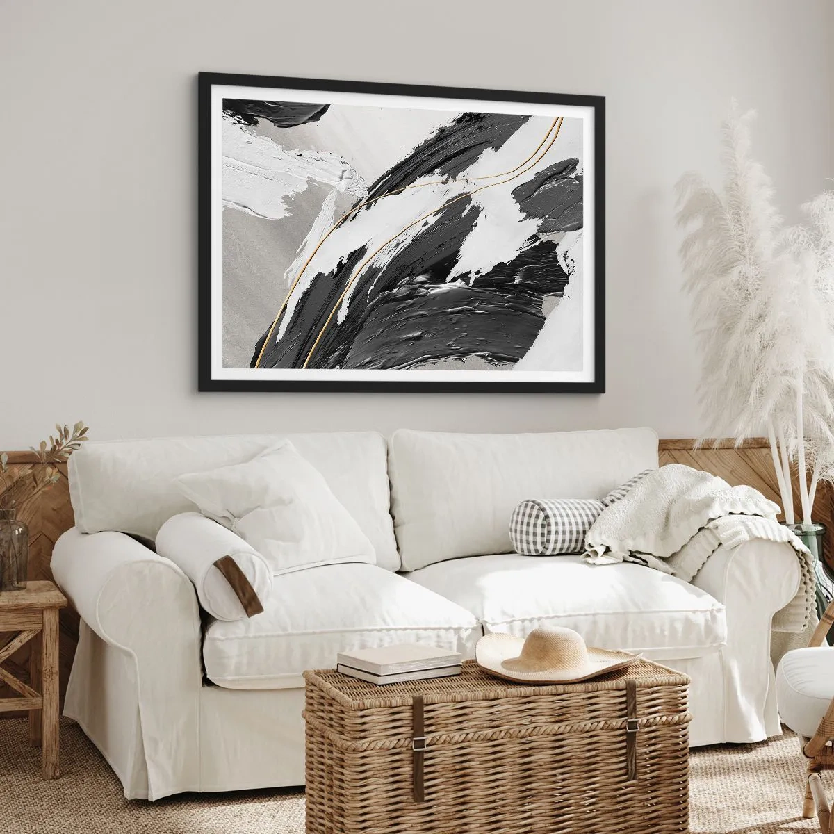Affiche dans un cadre noir - Poster - Coups de pinceau noirs et blancs avec une subtile touche dorée - 70x50cm - L'abstraction à grande échelle - Décoration murale moderne pour le salon et la chambre ARTTOR