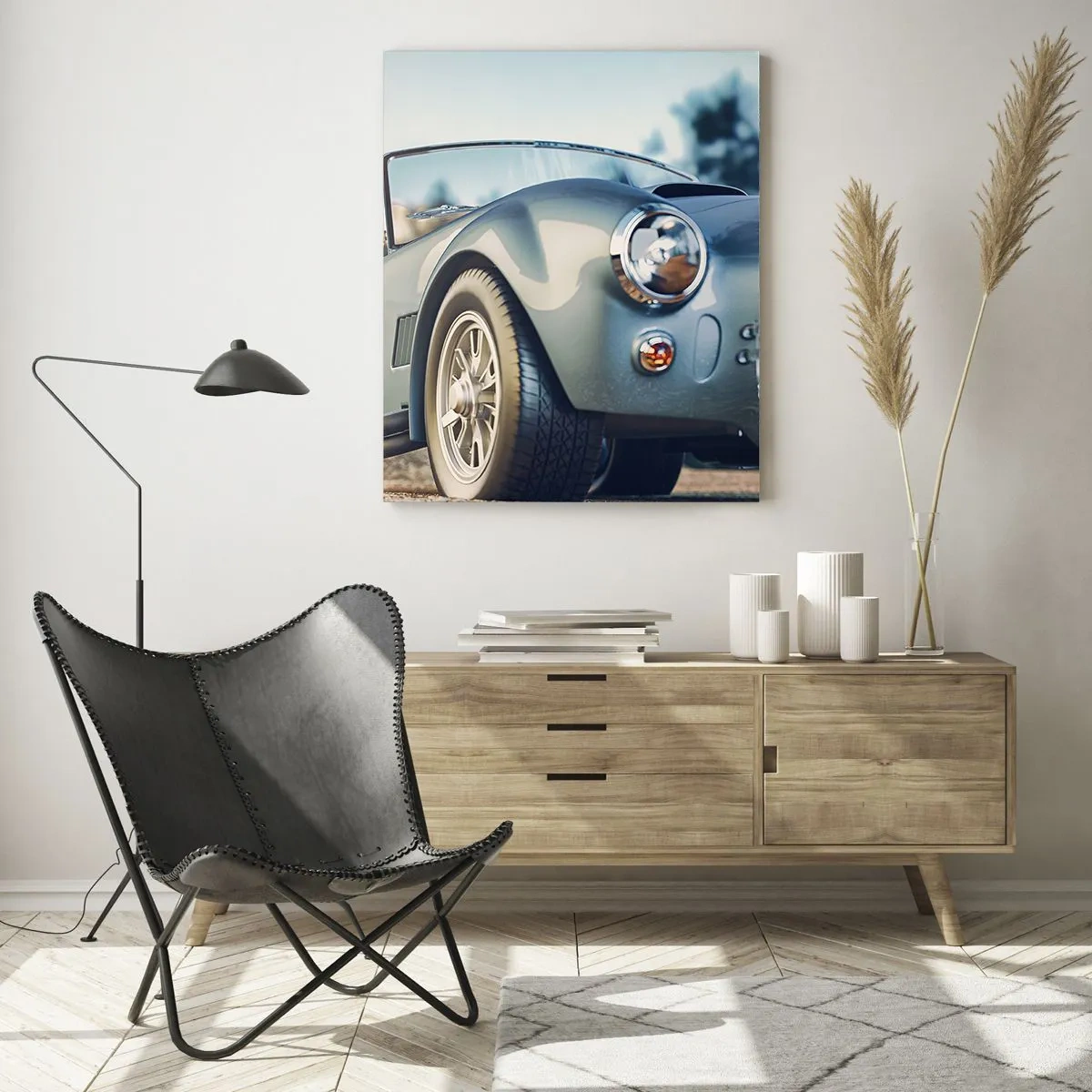 Impression sur verre - Image sur verre - Voiture décapotable classique dans un cadre pittoresque - 70x100cm - Ce qui compte c'est le style - Décoration murale moderne pour le salon et la chambre ARTTOR