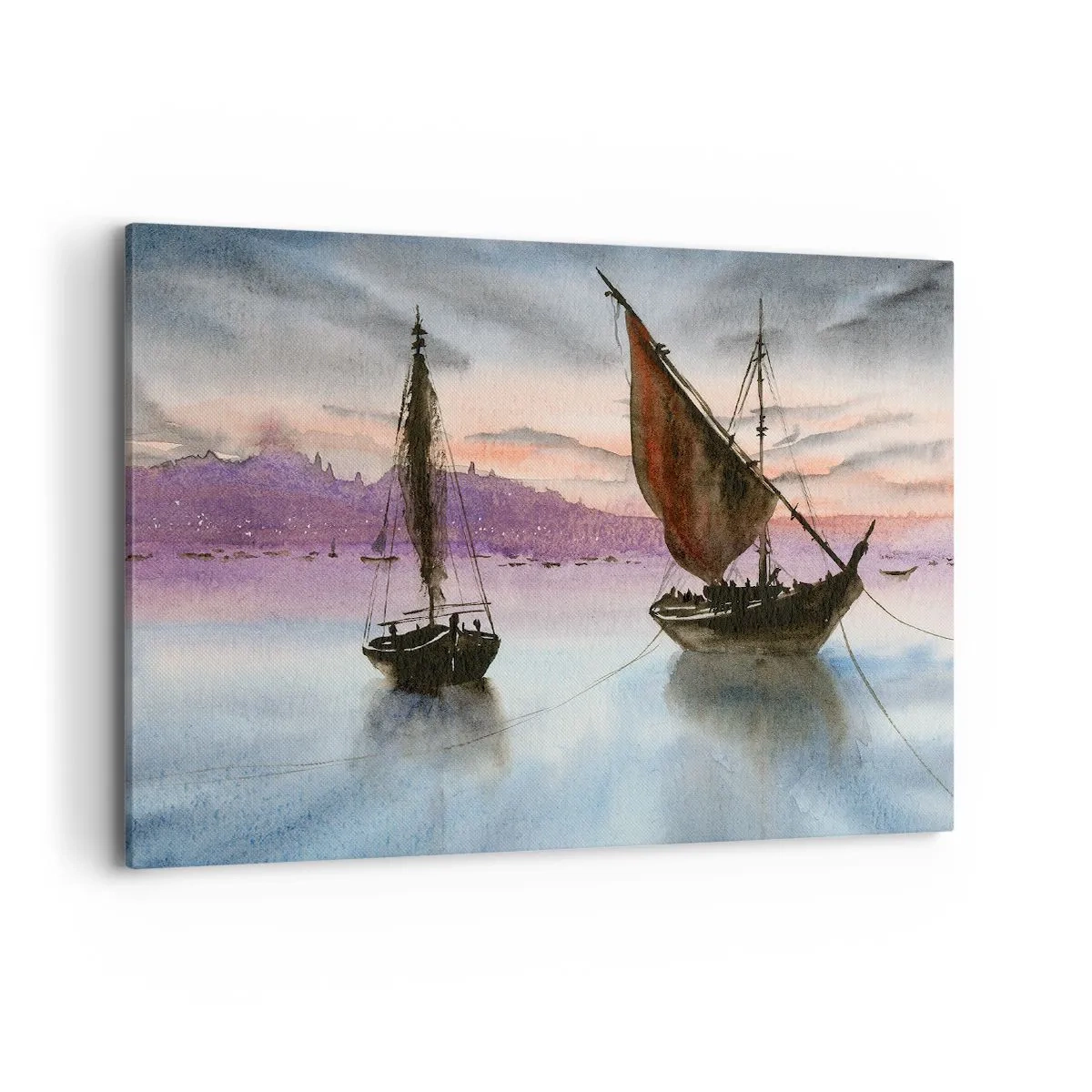 Impression sur toile - Image sur toile - Deux voiliers amarrés sur une eau calme au crépuscule - 100x70cm - Soirée au port - Décoration murale moderne pour le salon et la chambre ARTTOR