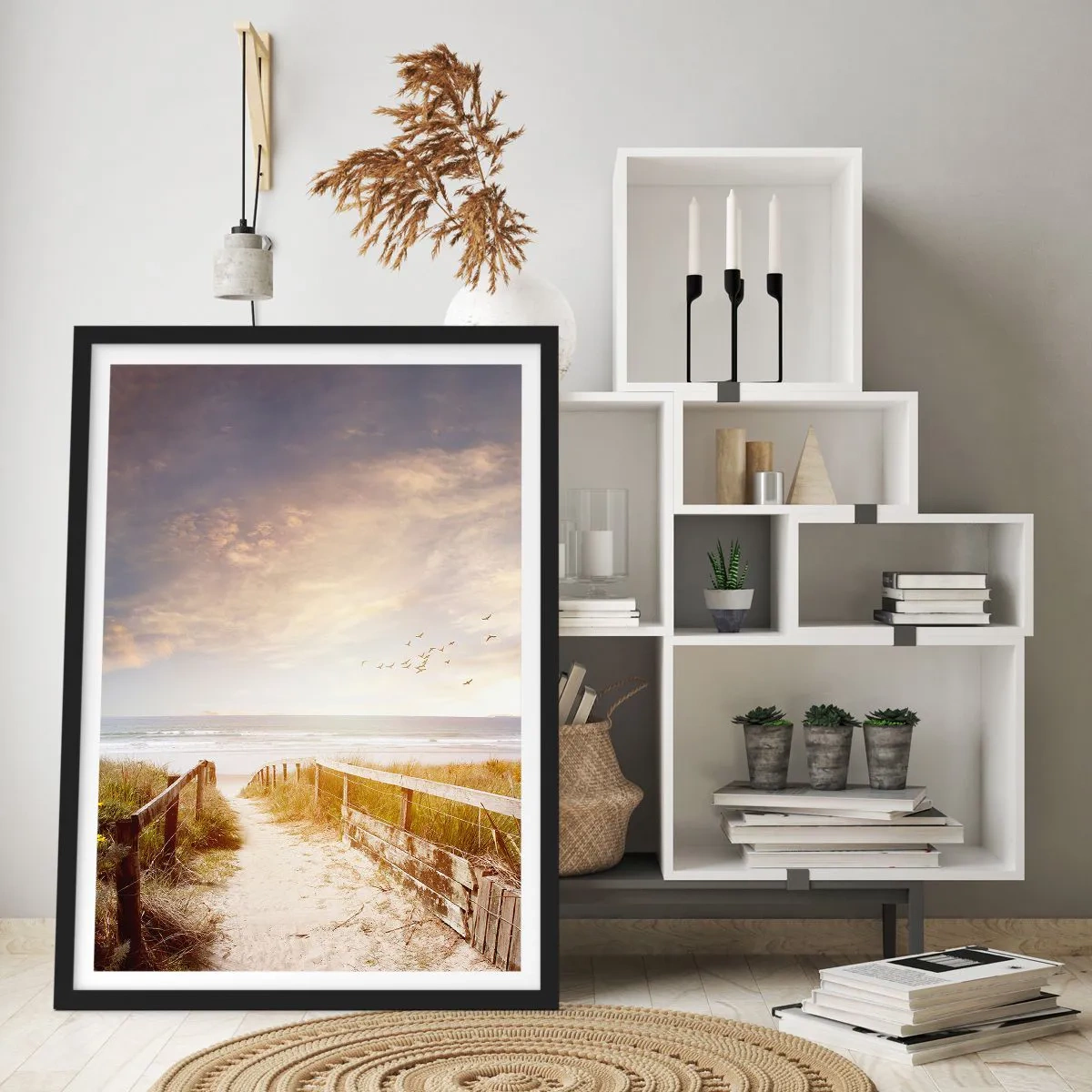 Affiche dans un cadre noir - Poster - Chemin vers la plage au coucher du soleil avec des oiseaux qui volent - 50x70cm - Un espace de paix - Décoration murale moderne pour le salon et la chambre ARTTOR
