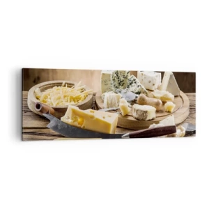 Impression sur toile - Image sur toile - Un plateau de fromages avec différents types sur une table en bois - 140x50cm - Sourire au fromage - Décoration murale moderne pour le salon et la chambre ARTTOR