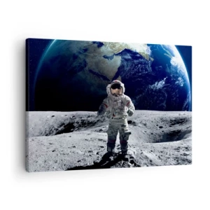 Impression sur toile - Image sur toile - Astronaute à la surface de la Lune avec la Terre en arrière-plan - 70x50cm - Salutations de la lune - Décoration murale moderne pour le salon et la chambre ARTTOR