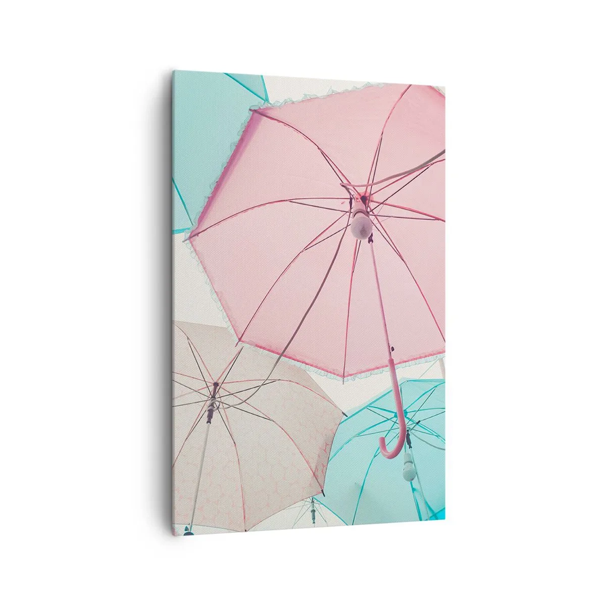 Impression sur toile - Image sur toile - Parapluies pastel contre un ciel lumineux - 80x120cm - Parfois le soleil, parfois la pluie - Décoration murale moderne pour le salon et la chambre ARTTOR
