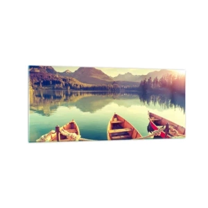 Impression sur verre - Image sur verre - Bateaux sur un lac calme entouré de montagnes au coucher du soleil - 120x50cm - Vivre selon ses règles - Décoration murale moderne pour le salon et la chambre ARTTOR