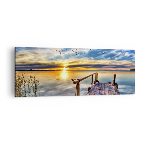 Impression sur toile - Image sur toile - Jetée en bois sur le lac au coucher du soleil - 140x50cm - Le vent se repose - Décoration murale moderne pour le salon et la chambre ARTTOR