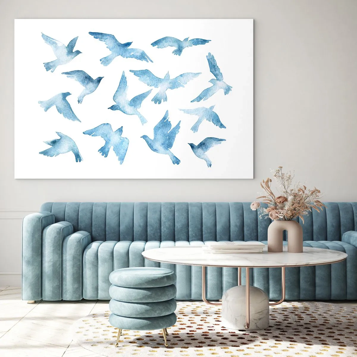 Impression sur verre - Image sur verre - Illustration d'oiseaux bleus sur fond blanc - 100x70cm - Oiseaux bleus - Décoration murale moderne pour le salon et la chambre ARTTOR