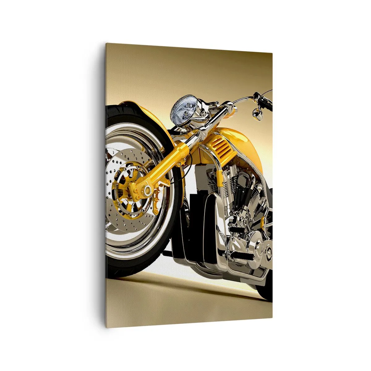 Impression sur toile - Image sur toile - Une moto jaune de style chopper contre un mur beige - 80x120cm - Un rêve de force et de vitesse - Décoration murale moderne pour le salon et la chambre ARTTOR
