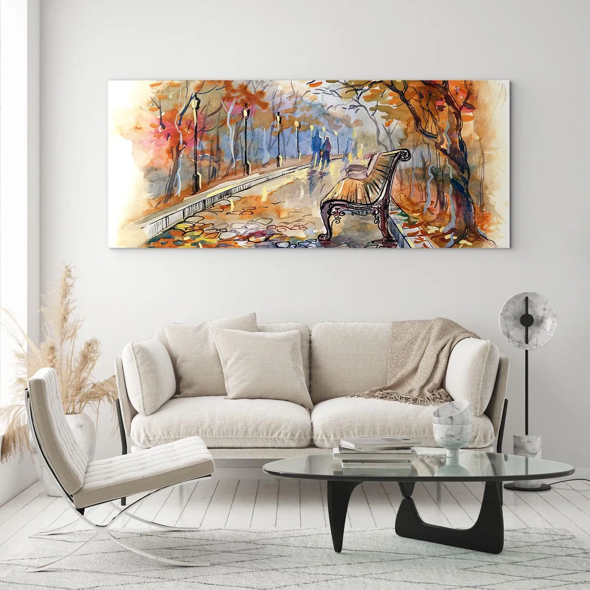 Impression sur verre - Image sur verre - Un parc d'automne avec un banc à l'aquarelle - 140x50cm - Errer ensemble à l'automne - Décoration murale moderne pour le salon et la chambre ARTTOR