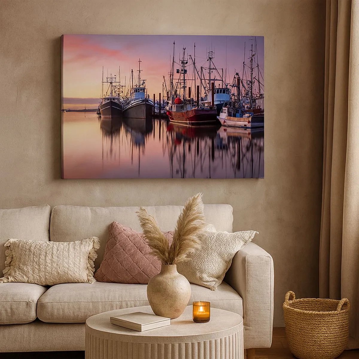 Impression sur toile - Image sur toile - Bateaux de pêche dans le port au coucher du soleil - 70x50cm - Avant le jour suivant - Décoration murale moderne pour le salon et la chambre ARTTOR