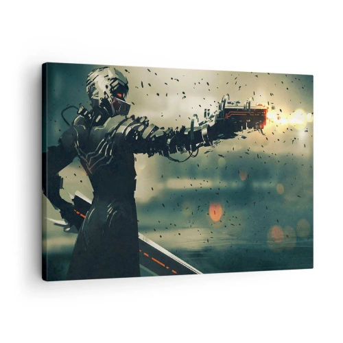 Impression sur toile - Image sur toile - Guerrier cybernétique avec des armes futuristes - 70x50cm - L'arme fatale - Votre propre Terminator - Décoration murale moderne pour le salon et la chambre ARTTOR