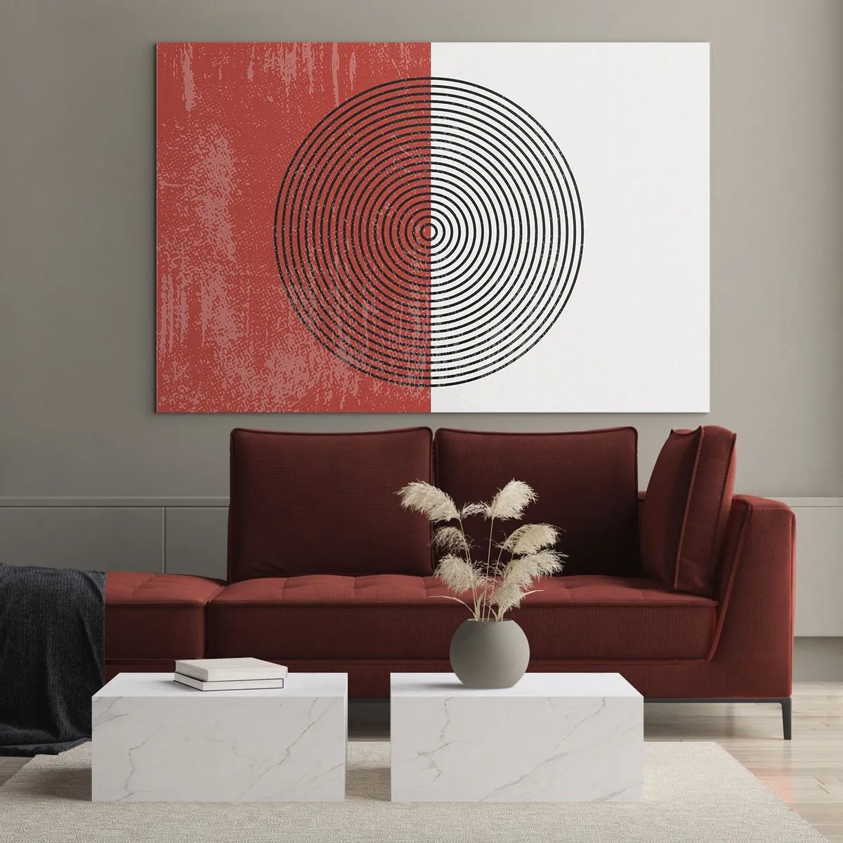 Impression sur verre - Image sur verre - Motif géométrique avec un cercle sur fond rouge et blanc - 100x70cm - Dans le mille - Décoration murale moderne pour le salon et la chambre ARTTOR