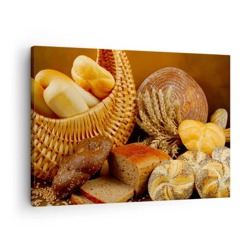 Impression sur toile - Image sur toile - Différents pains dans un panier en osier sur fond doré - 70x50cm - On s'en est encore sorti - Décoration murale moderne pour le salon et la chambre ARTTOR