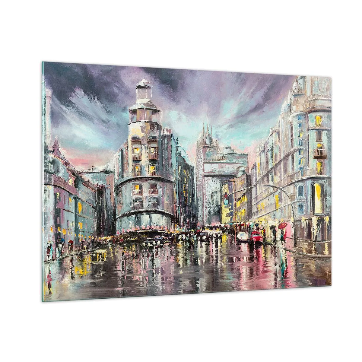 Impression sur verre - Image sur verre - Une rue de la ville sous la pluie avec un reflet spectaculaire des lumières - 100x70cm - Ce sera une soirée réussie - Décoration murale moderne pour le salon et la chambre ARTTOR