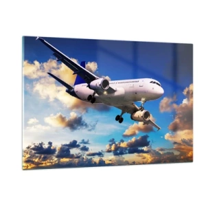 Impression sur verre - Image sur verre - Un avion en vol contre un ciel pittoresque - 120x80cm - Un voyage en blanc et bleu ciel - Décoration murale moderne pour le salon et la chambre ARTTOR