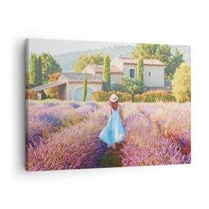 Impression sur toile - Image sur toile - Une femme en robe bleue marchant dans un champ de lavande avec vue sur une maison. - 70x50cm - Fille de la lavande - Décoration murale moderne pour le salon et la chambre ARTTOR