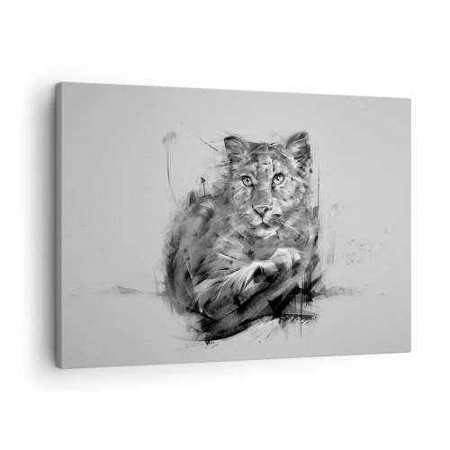 Impression sur toile - Image sur toile - Portrait noir et blanc d'un lion dans un style artistique avec des traits dynamiques. - 70x50cm - Oui, j'écoute attentivement - Décoration murale moderne pour le salon et la chambre ARTTOR