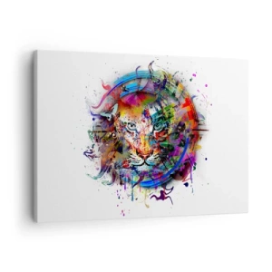 Impression sur toile - Image sur toile - Portrait coloré d'un lion dans un style abstrait - 70x50cm - Il se cache derrière un voile arc-en-ciel - Décoration murale moderne pour le salon et la chambre ARTTOR