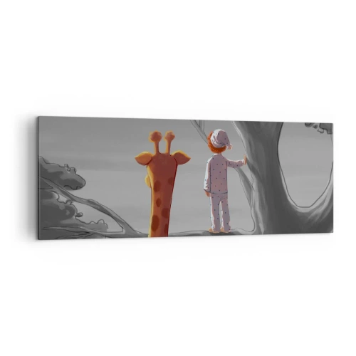 Impression sur toile - Image sur toile - Un enfant et une girafe sur une branche d'arbre dans un paysage de conte de fées - 140x50cm - Cela arrive vraiment - Décoration murale moderne pour le salon et la chambre ARTTOR