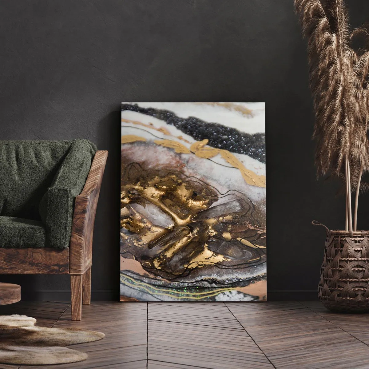 Impression sur toile - Image sur toile - Composition abstraite avec des éléments d'or et de cristaux - 80x120cm - Élément de la terre - Décoration murale moderne pour le salon et la chambre ARTTOR