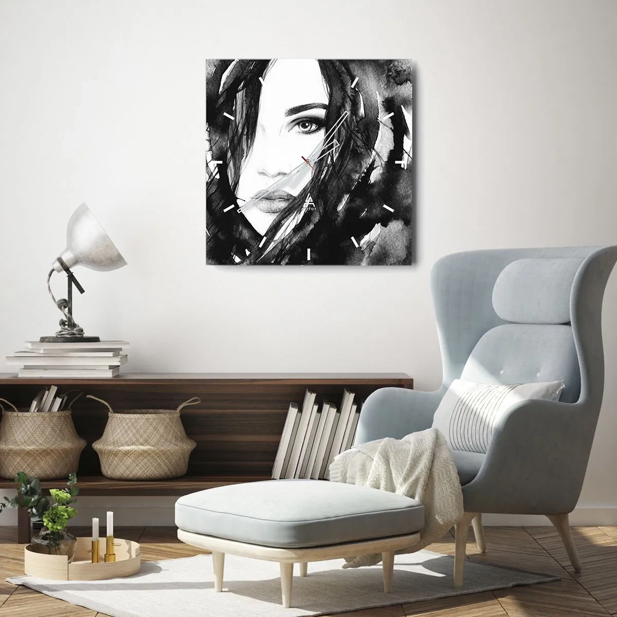 Horloge murale - Pendule murale - Portrait de femme à l'aquarelle noir et blanc - 30x30cm - Portrait d'une dame en noir et blanc - Décoration murale moderne pour le salon et la chambre ARTTOR