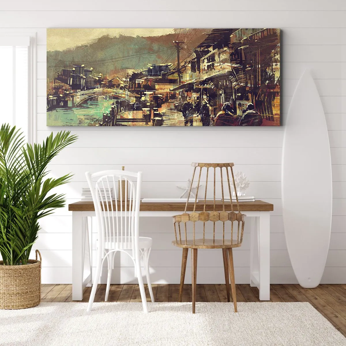 Impression sur toile - Image sur toile - Une ville avec un pont et des rues au style artistique - 140x50cm - La vie comme une richesse de gris - Décoration murale moderne pour le salon et la chambre ARTTOR