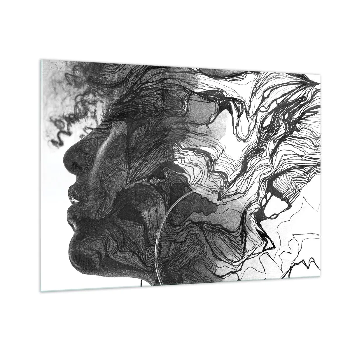 Impression sur verre - Image sur verre - Silhouette noire et blanche d'une femme avec des lignes abstraites - 100x70cm - Emmêlé dans les rêves - Décoration murale moderne pour le salon et la chambre ARTTOR