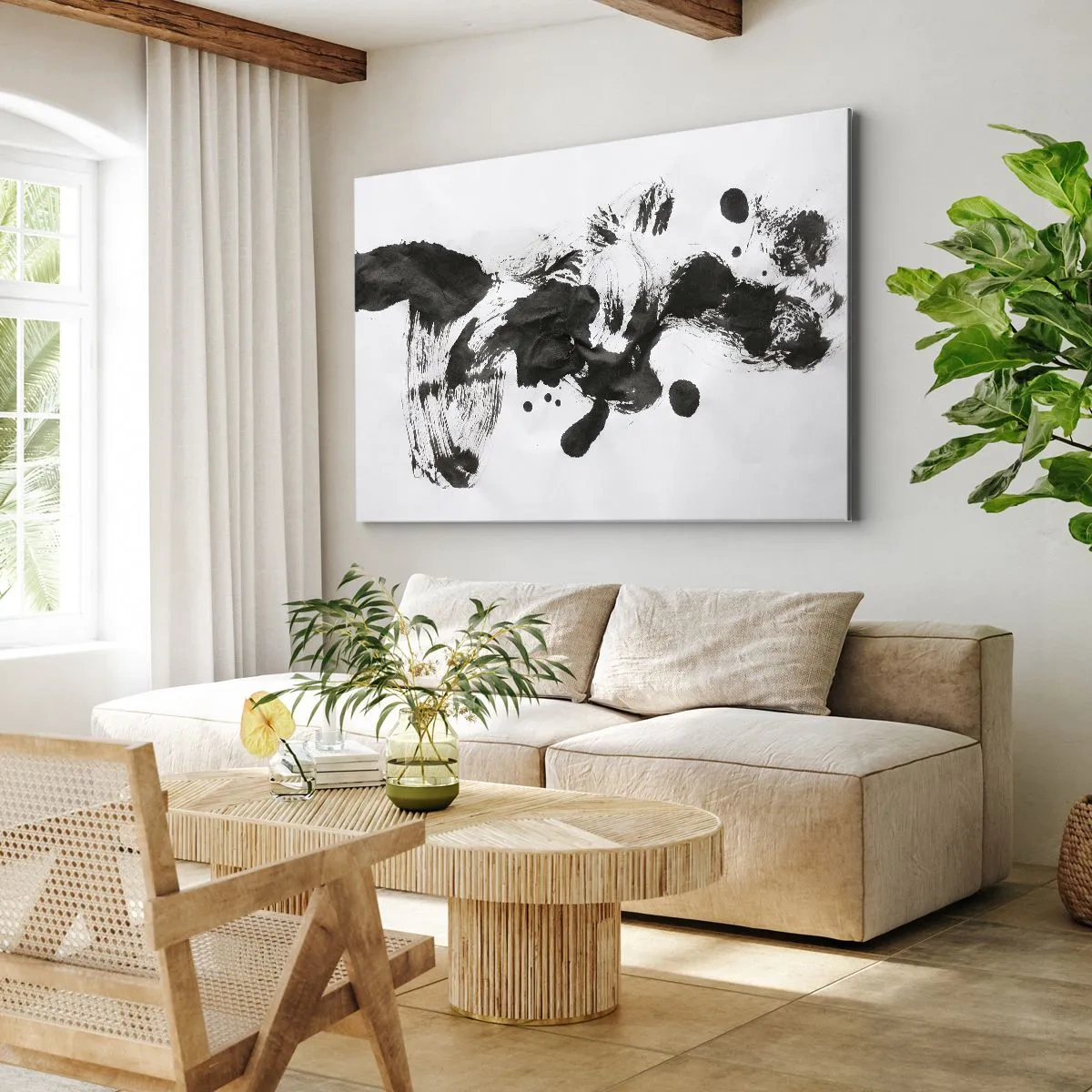 Impression sur toile - Image sur toile - Composition abstraite de taches noires sur fond blanc - 70x50cm - De la méthode dans la folie ? - Décoration murale moderne pour le salon et la chambre ARTTOR