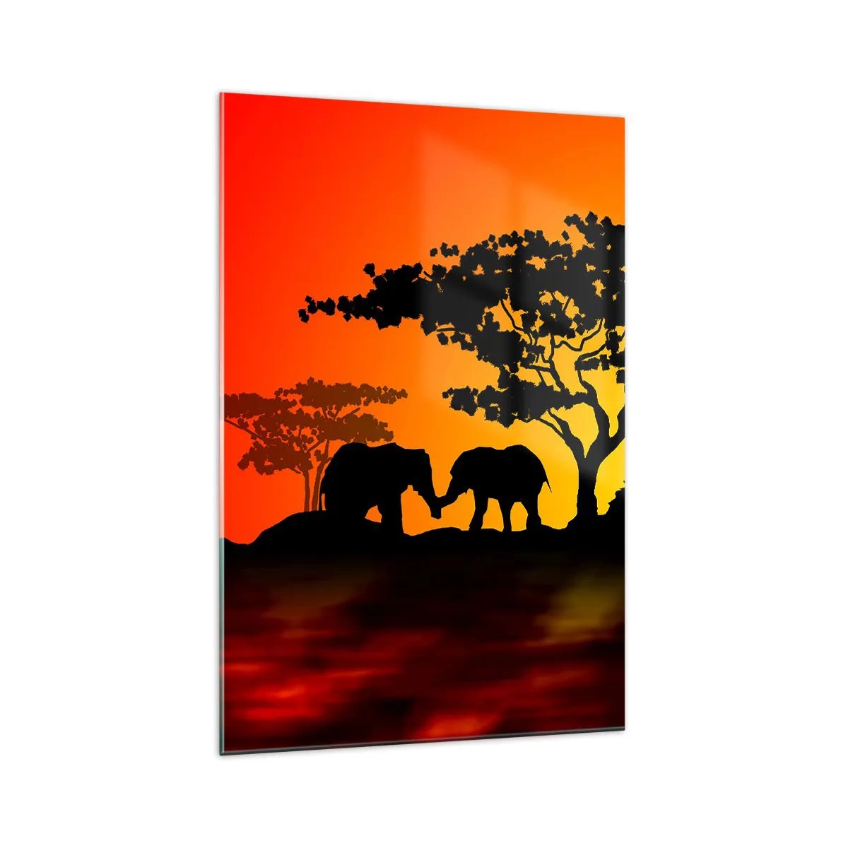Impression sur verre - Image sur verre - Coucher de soleil africain avec des silhouettes d'éléphants et de girafes au-dessus de l'eau - 70x100cm - Rencontre dans la savane - Décoration murale moderne pour le salon et la chambre ARTTOR