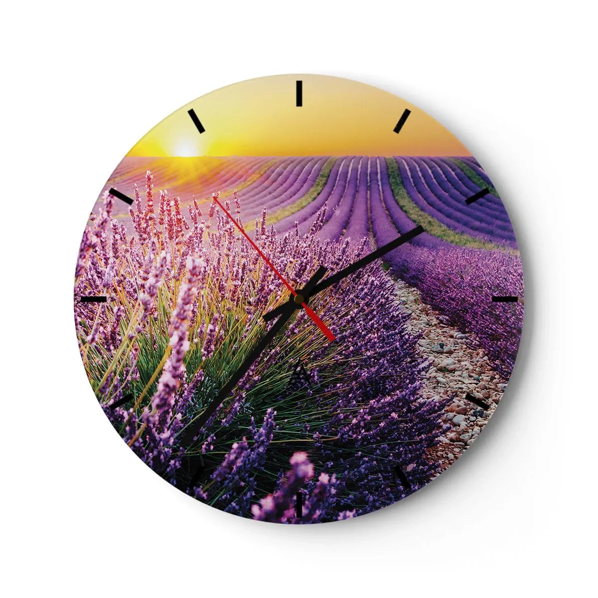 Horloge murale - Pendule murale - Champ de lavande au coucher du soleil avec un chemin rocheux - 30x30cm - Tige parfumée - Décoration murale moderne pour le salon, la cuisine et la chambre ARTTOR