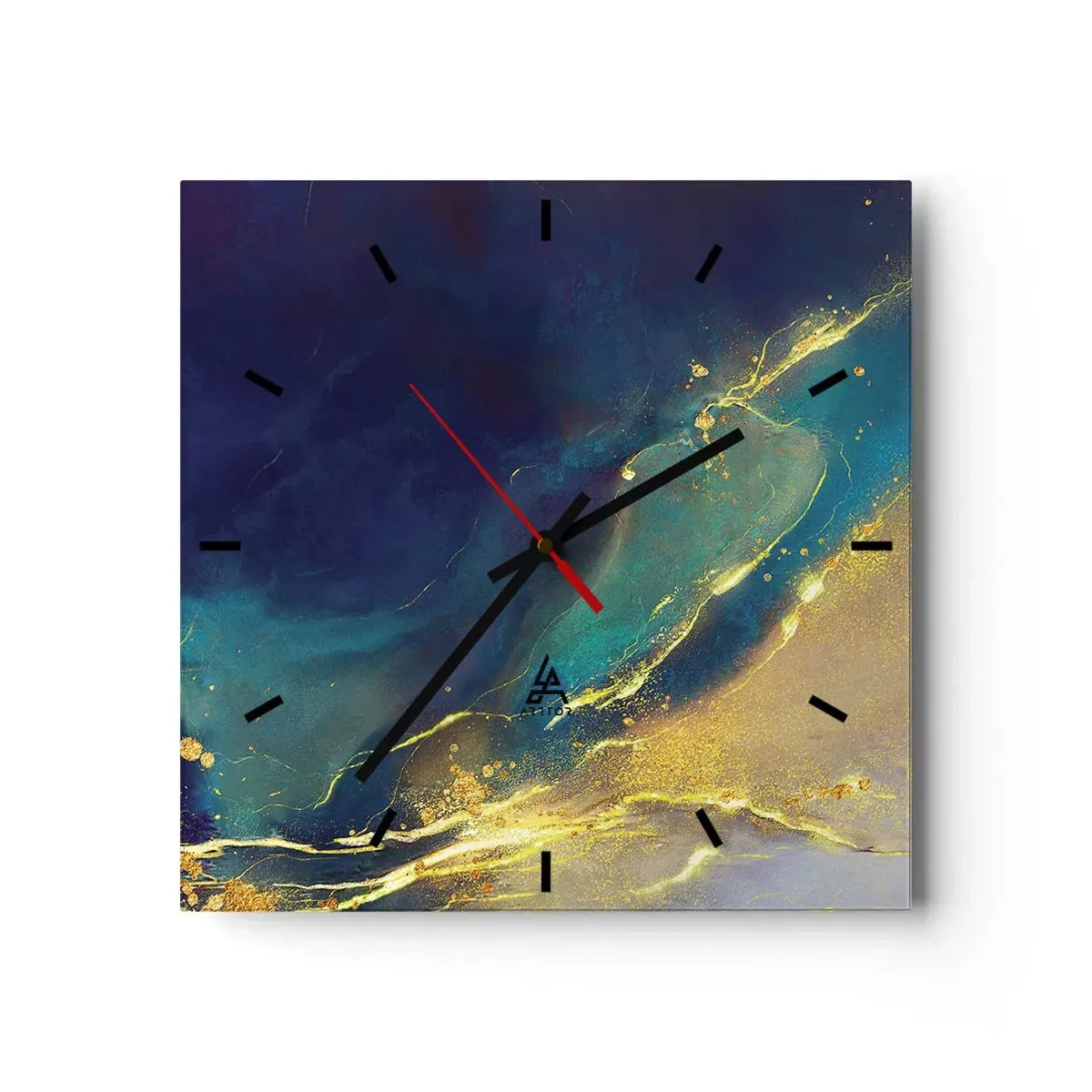 Horloge murale - Pendule murale - Composition abstraite dans les tons bleu et or sur toile - 30x30cm - Coulée d'or - Décoration murale moderne pour le salon et la chambre ARTTOR