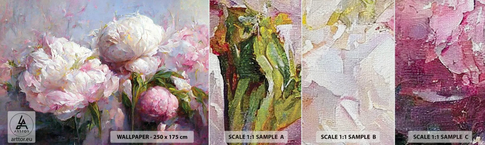 Échantillon de Papier Peint Premium Canvas - Un bouquet plein de vie - Fleurs, Pivoines, Classicisme - 100x30 cm