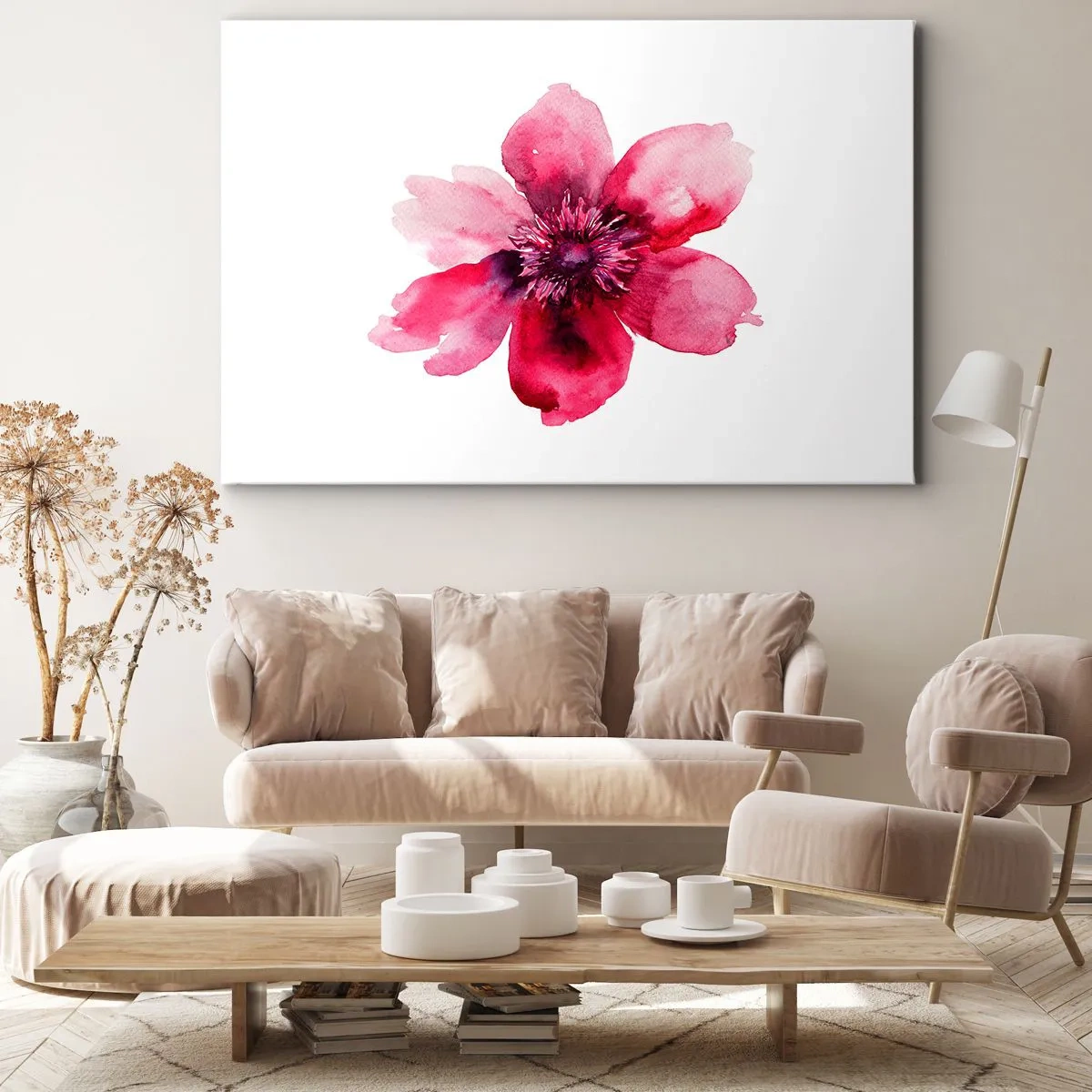 Impression sur toile - Image sur toile - Fleur rose dans un style aquarelle sur fond blanc - 70x50cm - Un baiser parfumé au carmin - Décoration murale moderne pour le salon et la chambre ARTTOR