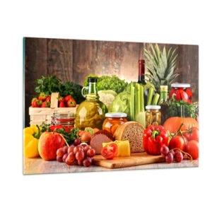 Impression sur verre - Image sur verre - Légumes colorés, fruits, pain et conserves sur un fond en bois - 120x80cm - Fumé, cuit au four et mariné - Décoration murale moderne pour le salon et la chambre ARTTOR