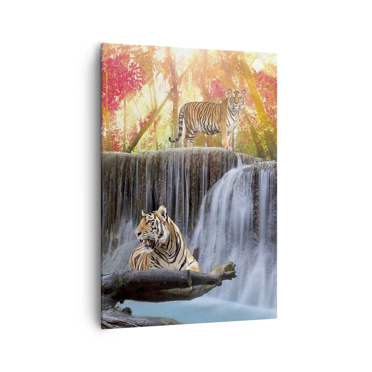 Impression sur toile - Image sur toile - Tigres près d'une cascade dans la forêt d'automne - 70x100cm - Paysage surréaliste - Décoration murale moderne pour le salon et la chambre ARTTOR
