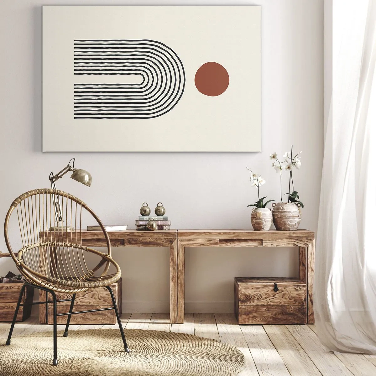 Impression sur toile - Image sur toile - Motif abstrait moderne avec des lignes et un cercle rouge - 100x70cm - Le magnétisme des formes et des couleurs - Décoration murale moderne pour le salon et la chambre ARTTOR