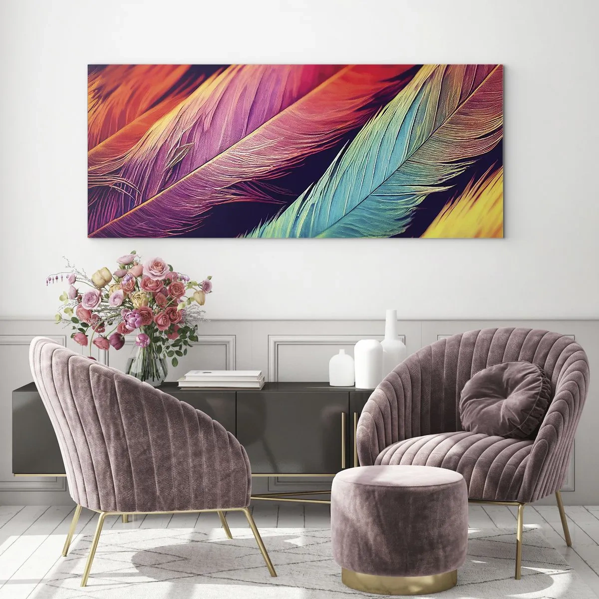 Impression sur verre - Image sur verre - Arc-en-ciel de plumes - 90x30 cm