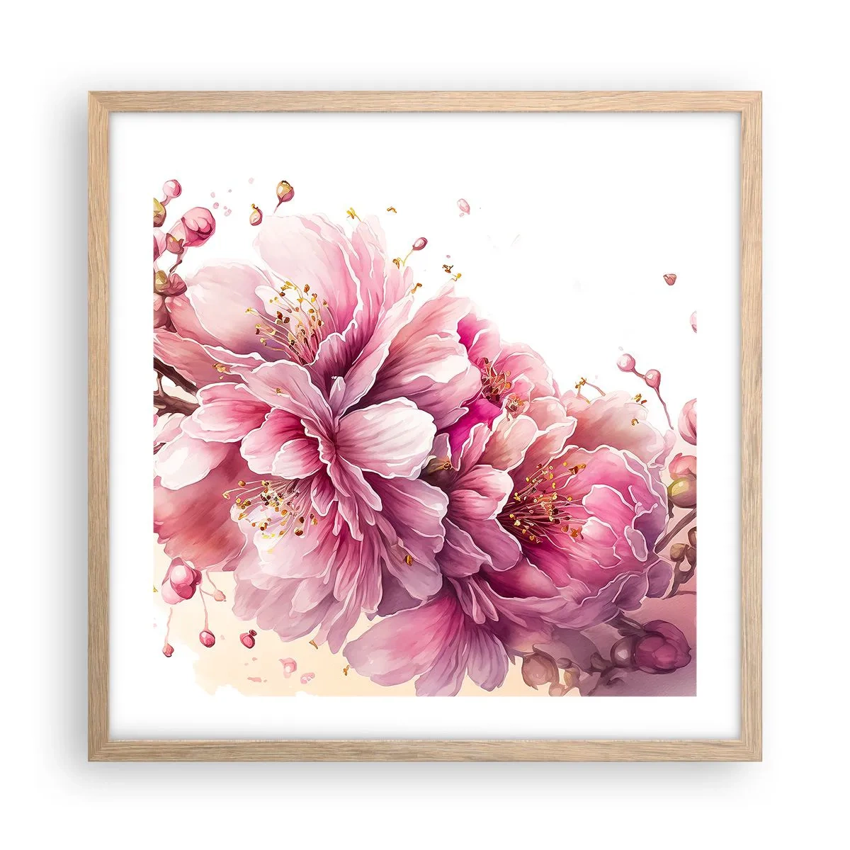 Affiche dans un chêne clair - Poster - Fleur florissante de cerisier - 50x50 cm