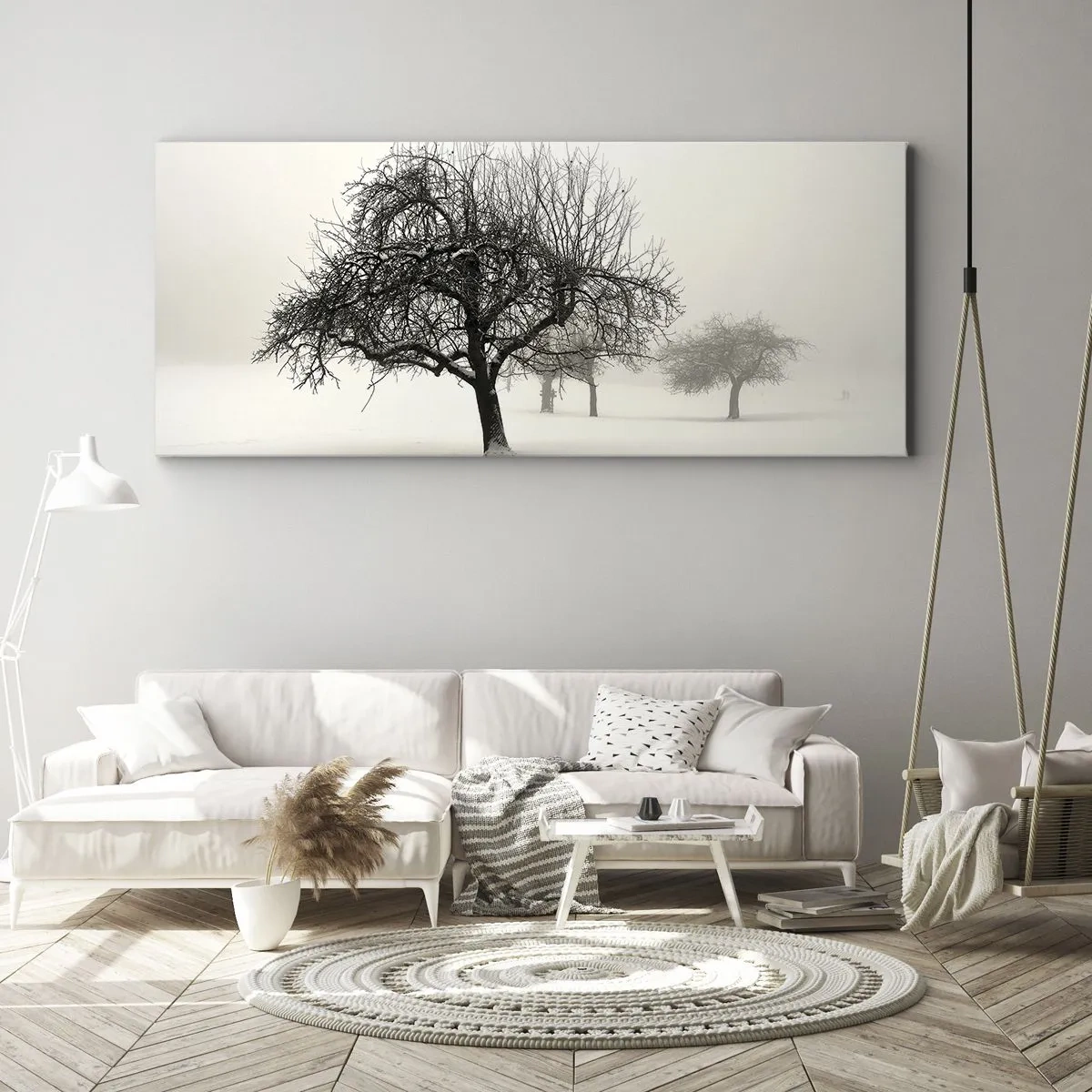 Impression sur toile - Image sur toile - Arbres dans un champ enneigé entouré de brouillard - 140x50cm - Un rêve hivernal - Décoration murale moderne pour le salon et la chambre ARTTOR