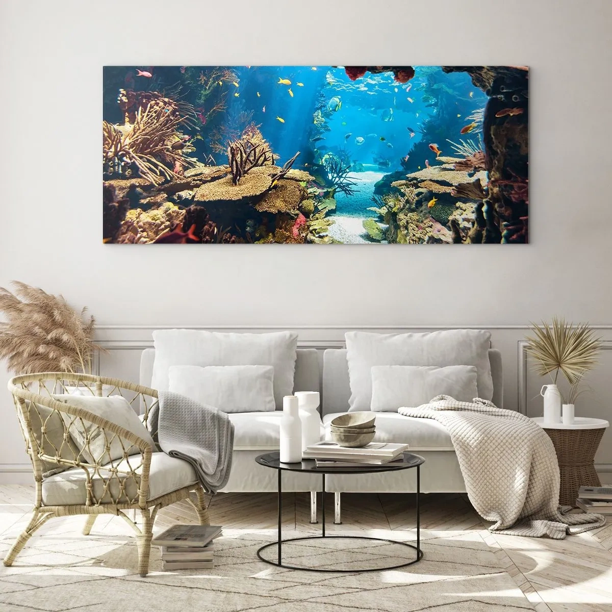 Impression sur verre - Image sur verre - Monde sous-marin avec récif corallien et poissons - 140x50cm - Tu ne l'as même pas rêvé - Décoration murale moderne pour le salon et la chambre ARTTOR