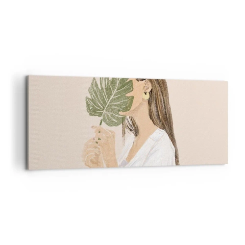 Impression sur toile - Image sur toile - Portrait d'une femme avec une feuille de monstera sur fond beige - 120x50cm - Portrait mystérieux avec un éventail - Décoration murale moderne pour le salon et la chambre ARTTOR