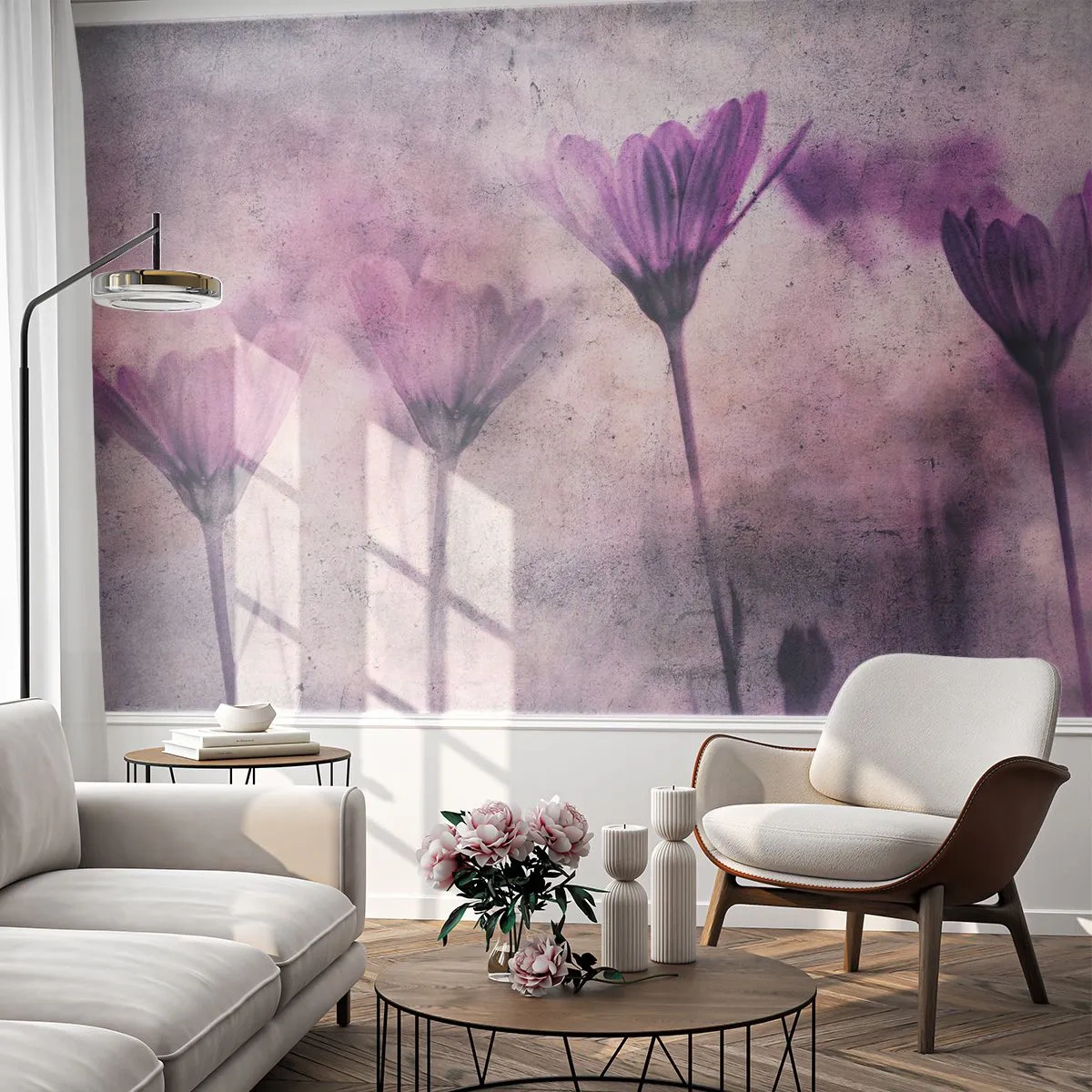 Papier Peint Photo Premium Sand - Délicates fleurs violettes sur un fond texturé - 100x70cm - Rêve de fleurs - Décoration murale moderne pour le salon et la chambre ARTTOR